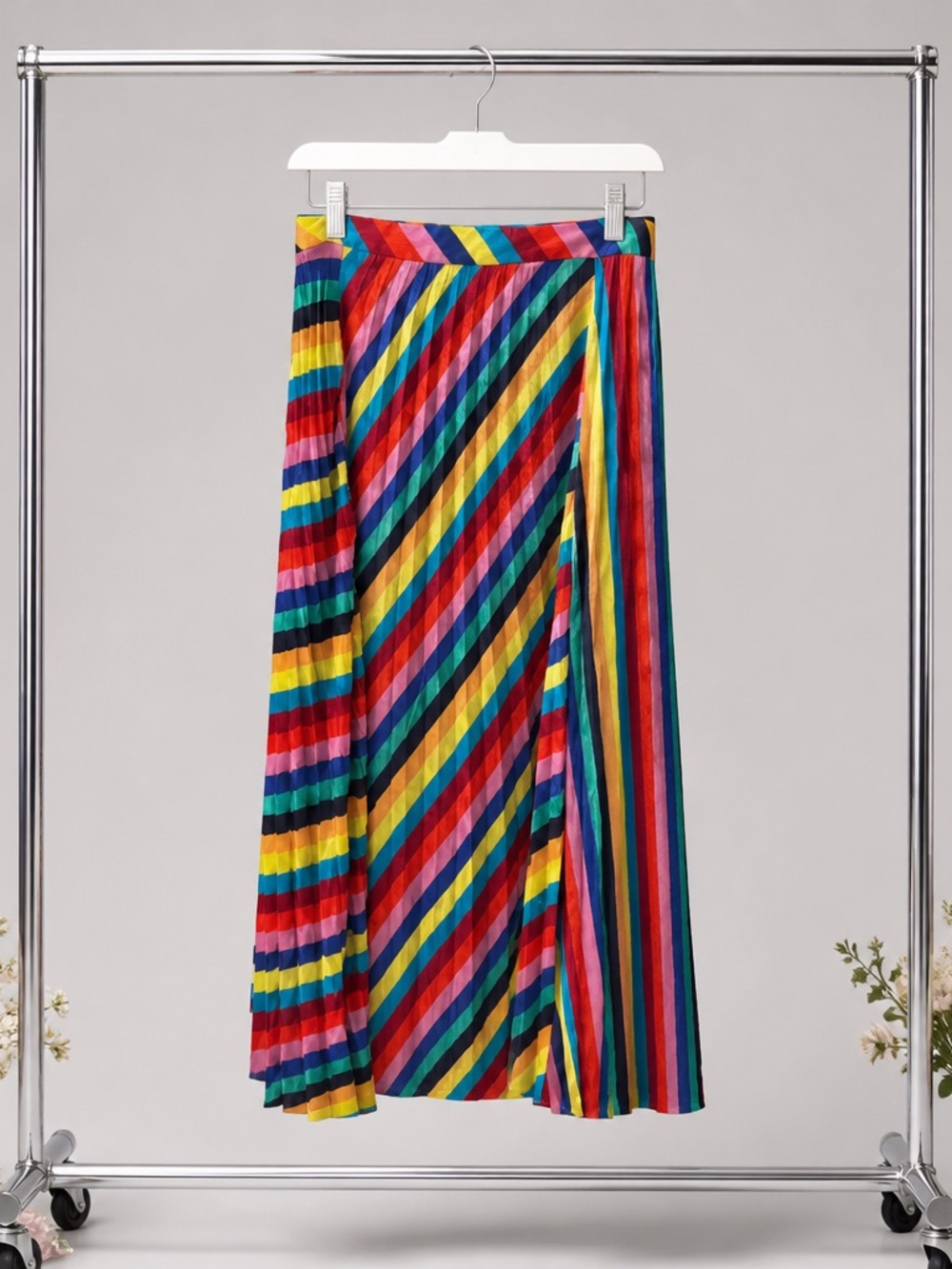 Vintage Simply Styled Rainbow Stripe Pleated Maxi Skirt